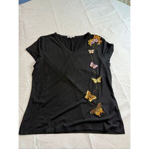 Bogari Vintage Black Silk Blend V Neck Butterfly Top Blouse Size XL